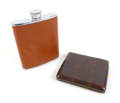 A Crocodile/leather card/cigarette case 10 by 9 by 1.5cm and a 6oz hipflask