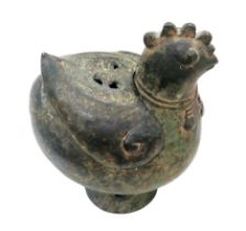 A Chinese 18th century style bronze censer, in the form of a chicken, with removable wing cover,