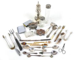 An assortment of silver plated and other items, including a snuff box, shaker and flatware. (1 bag)