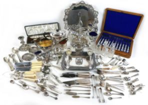 A collection of silver plated items, including a tray, fluted three piece tea set, set of boxed