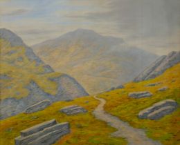 Unsigned pastel picture depicting a path in a mountainous landscape, 44 by 53.3cm, glazed and