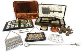 A group of mixed collectables, including three embroidered handbags, a cased dressing table brush