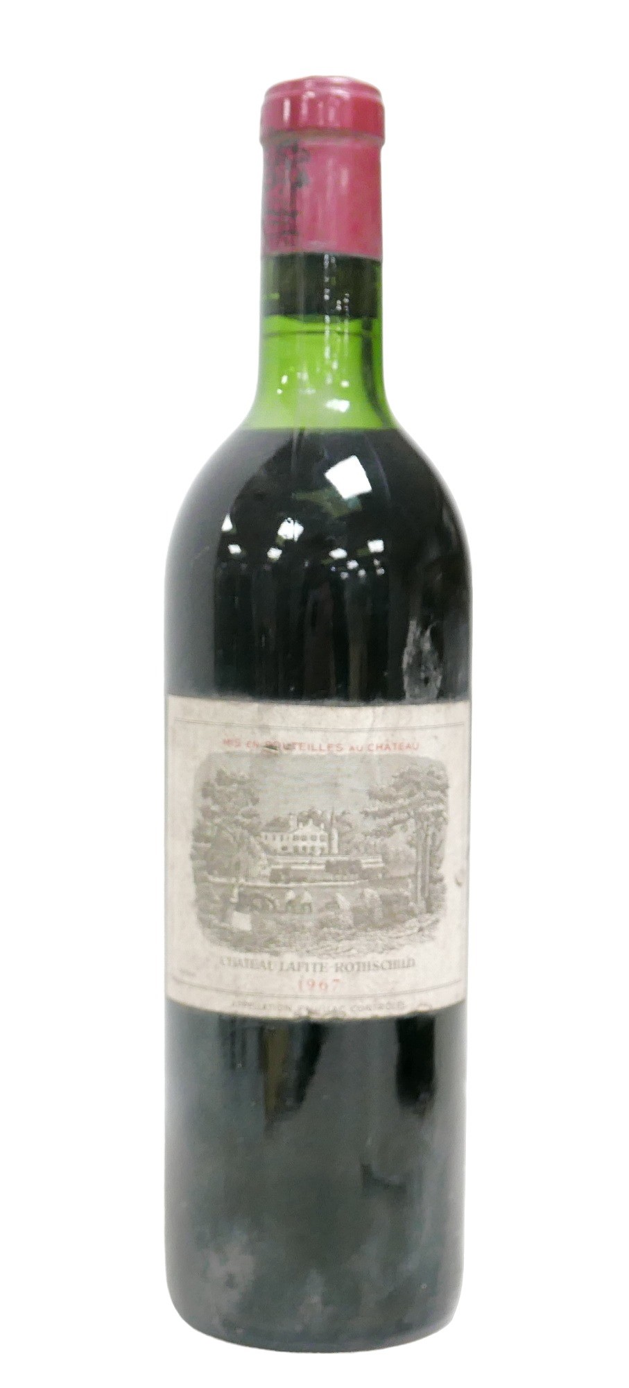 Vintage wine: a bottle of 1967 Chateau Lafite-Rothschild, Pauillac, U: near top of shoulder.