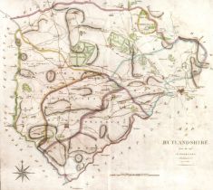 A 19th century hand painted map of Rutlandshire by J. Cary, E. Noble delin. et curavit, 42 by 46,