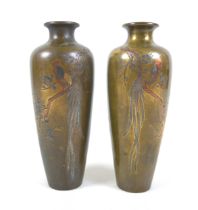 A pair of Japanese bronze vases inlaid with silver, gold and Shakudo, depicting an Onigadori Rooster