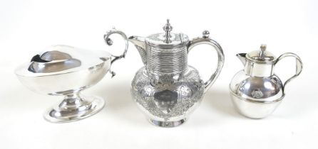 A rare mid 19th century silver plated spoon warmer, with C scroll handle and pedestal base, J. H.