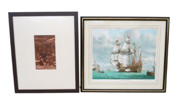 A bronze metal framed plaque of Queen Elizabeth, framed 53 by 65cm, and a myers print of the mary