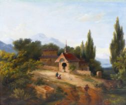 A continental painting of a roadside shrine, with mountainous background, 37 by 45cm, gilt framed