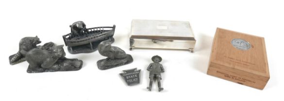 A group of mixed collectables, comprising a silver plated Aristocrat H.E.P.N.S.B cigar box, three