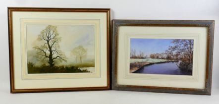 Paul Mann (British, 20th century): oak trees by a river, signed, watercolour, 27 by 37cm, mounted,