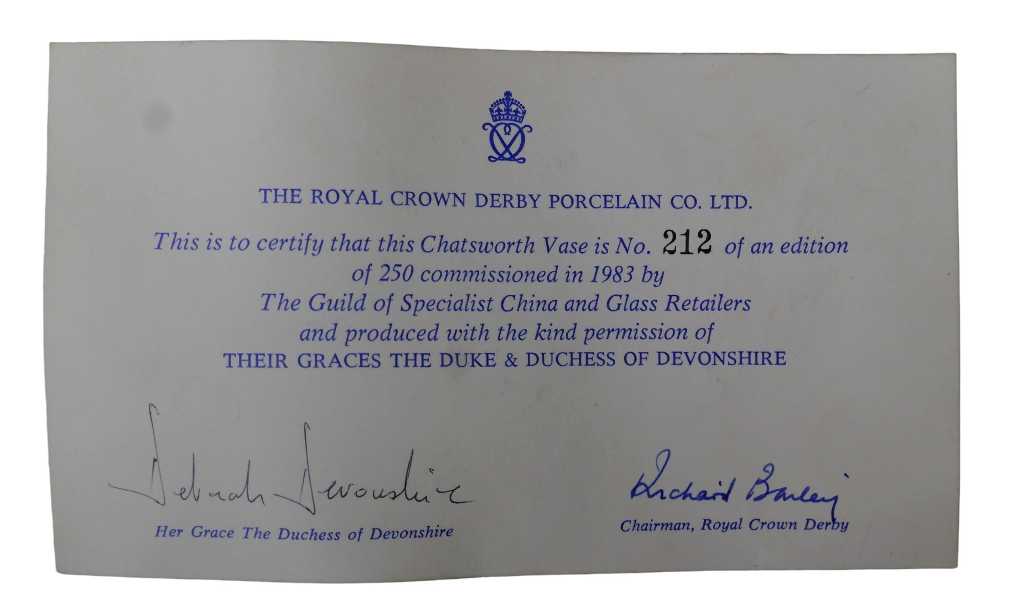 A Royal Crown Derby Chatsworth vase, 12.5 by 6.5 by 26cm high, with certificate numbered 213/250, - Image 4 of 5