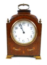 An Edwardian inlaid mahogany mantel clock with a Buren movement, with key, 14 by 23cm.