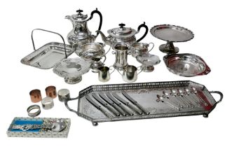 A collection of assorted silver plated wares, including tea wares, a silver napkin ring, silver