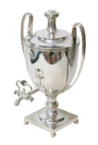 A silver plated Adam design tea urn, with two handles, each with acanthus leaf moulded mounts raised