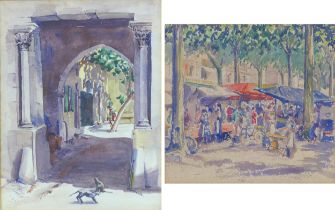 H. Y. Powell (British, 20th century): 'Gateway in Arles and 'Market at Arles', a pair of