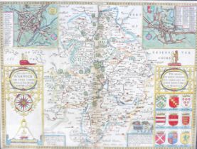 A John Speede coloured map of Leicestershire, double sided, frame size 44cm by 56cm