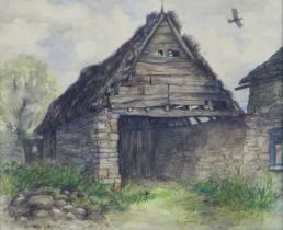 V. Kelly (British, 20th century): Thatched stable, watercolour, signed, 24.5 by 29.5cm, mounted,