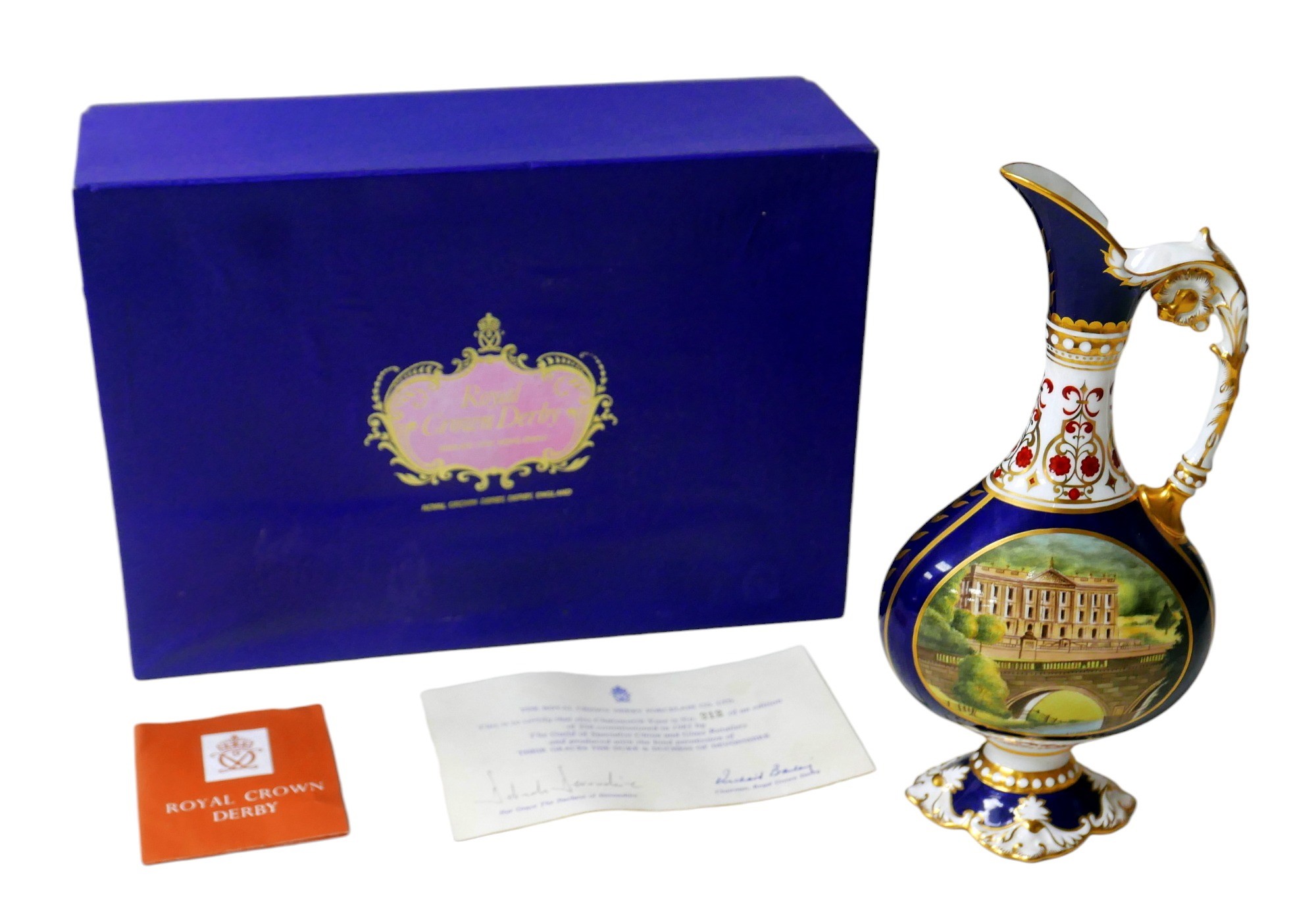 A Royal Crown Derby Chatsworth vase, 12.5 by 6.5 by 26cm high, with certificate numbered 213/250,