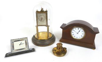 A Gustav Becker anniversary clock under glass dome 19cm wide 30 cm tall, a Mahogany mantle clock and