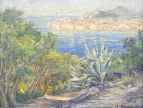 A. Fopquie (?): a small impressionistic coastal landscape painting, possibly of Malta, oil on board,