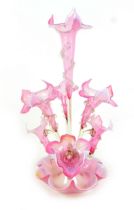 A Victorian pale pink opaline glass seven branch epergne, 35 by 57cm high.