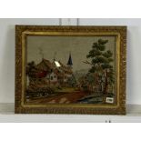 A WOOLWORK PICTURE OF A EUROPEAN VILLAGE SCENE, 20TH CENTURY (4)