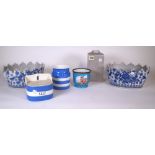CERAMICS, A GREY CRACKLE GLAZE VASE, A PAIR OF BLUE AND WHITE OVAL JARDINIERES, TG GREEN AND...