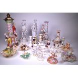 A GROUP OF MOSTLY 19TH CENTURY ENGLISH AND EUROPEAN PORCELAIN INCLUDING CANDLESTICKS AND A...