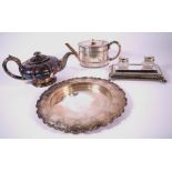 SILVER PLATED ITEMS, INCLUDING TWO TEAPOTS, AN INKSTAND AND A SALVER