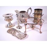 SILVER PLATED ITEMS, INCLUDING CANDLE STICK, JUG, BOTTLE STAND AND SUNDRY