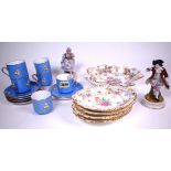 SIX SPODE CUPS AND SAUCERS, A PAIR OF SITZENDORF FIGURES AND A GROUP OF DRESDEN PORCELAIN