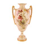 A TALL ROYAL WORCESTER TWO-HANDLED BLUSH IVORY VASE BY EDWARD RABY