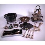 SILVER PLATED WARES, INCLUDING A CRUET STAND, A BOTTLE COASTER, A HIP FLASK AND SUNDRY