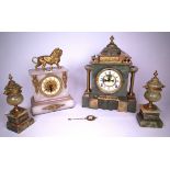 A 19TH CENTURY ONYX AND GILT METAL CLOCK GARNITURE COMPRISING MANTEL CLOCK AND TWO URNS,...