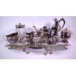 A COLLECTION OF SILVER PLATED ITEMS INCLUDING A PAIR OF TABLE BIRDS, A TEA SET, TRAY AND SUNDRY