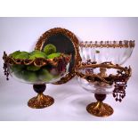 A GROUP OF GILT METAL AND GLASS DECORATIVE ITEMS, INCLUDING COMPORTS, A MIRROR AND SUNDRY