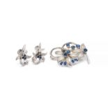 AN 18CT WHITE GOLD, SAPPHIRE AND DIAMOND BROOCH WITH A PAIR OF MATCHING EARRINGS (2)