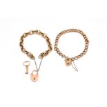 TWO GOLD CURB LINK BRACELETS WITH HEART SHAPED PADLOCK CLASPS AND A GOLD KEY (3)
