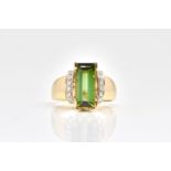 A 14CT GOLD, GREEN TOURMALINE AND DIAMOND RING