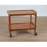 A MID-20TH CENTURY LAMINATED BEECH TWO TIER SERVING TROLLY