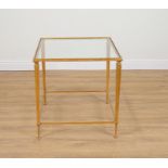 A GILT PAINTED METAL GLASS INSET SQUARE OCCASIONAL TABLE