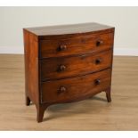 A REGENCY MAHOGANY BOWFRONT THREE DRAWER CHEST OF DRAWERS