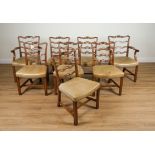 A SET OF EIGHT GEORGE II STYLE MAHOGANY FRAMED RIBBON BACK DINING CHAIRS (8)