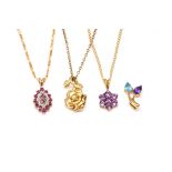 THREE 9CT GOLD AND GEM SET PENDANTS WITH NECKCHAINS AND A 9CT GOLD, AMETHYST AND BLUE TOPAZ...