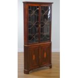 A GEORGE III INLAID MAHOGANY DOUBLE HEIGHT CORNER DISPLAY CABINET CUPBOARD