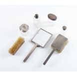A SILVER MOUNTED THREE PIECE PART DRESSING SET AND FOUR FURTHER ITEMS (7)