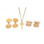 A GOLD PENDANT CROSS AND CHAIN AND TWO PAIRS OF CUFFLINKS (3)