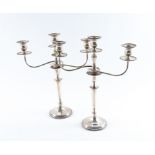 A PAIR OF SILVER TABLE CANDLESTICKS WITH ASSOCIATED SILVER THREE LIGHT CANDELABRA BRANCHES (2)