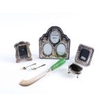THREE SILVER MOUNTED PHOTOGRAPH FRAMES, A DECANTER AND FOUR FURTHER ITEMS (8)
