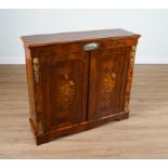 A 19TH CENTURY GILT-METAL AND CERAMIC MOUNTED FIGURED WALNUT TWO DOOR SIDE CABINET